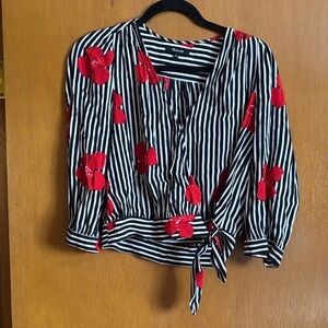 Madewell Black and White Striped Blouse with Red Floral Accents
